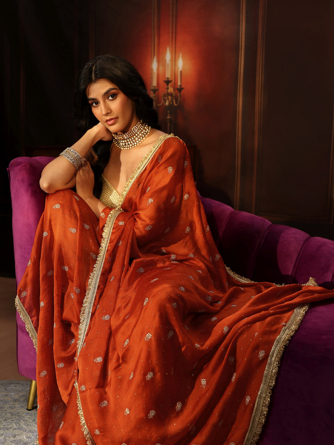  Libas Orange Embellished Chinon Saree with Gota Border 