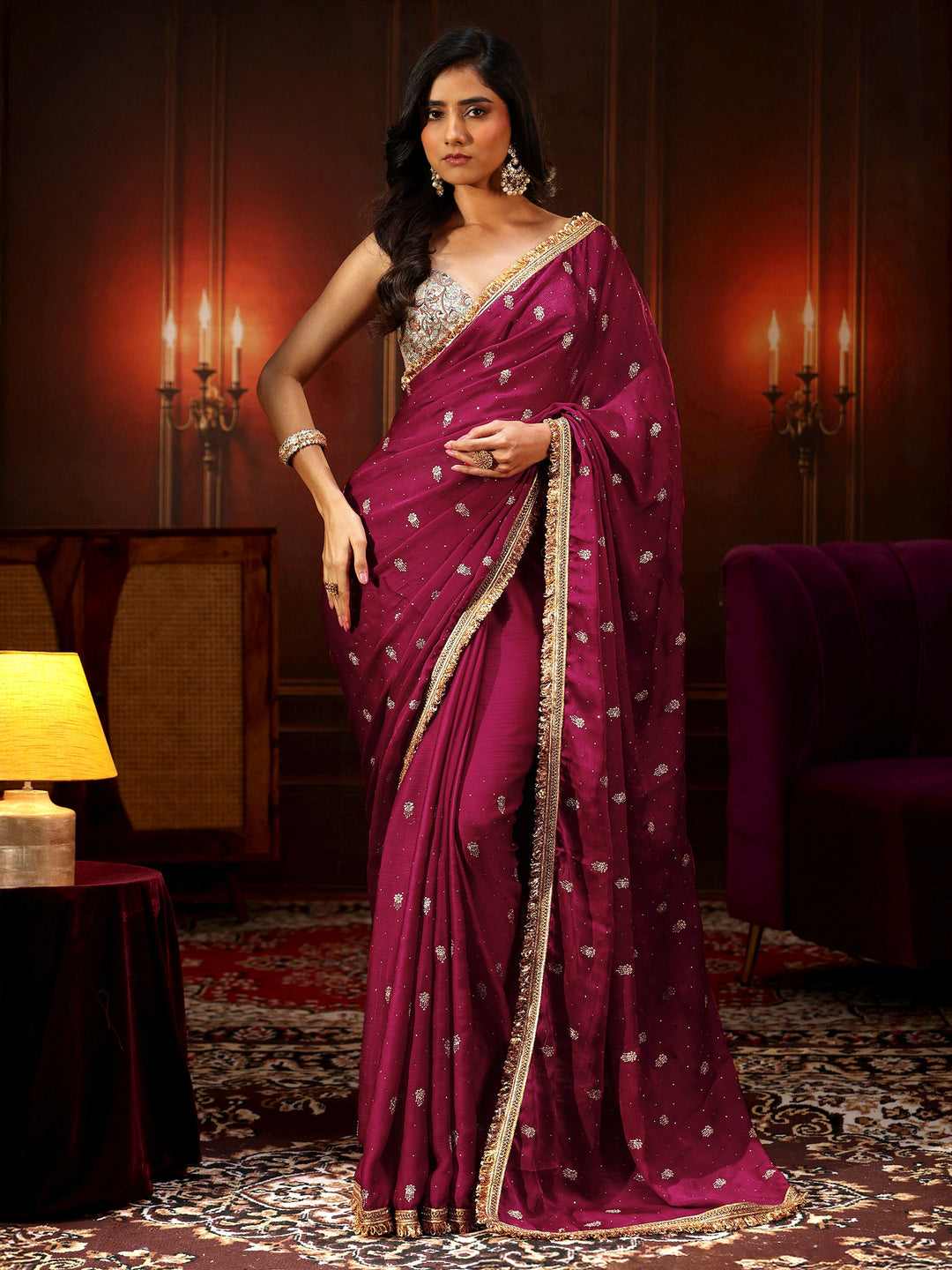  Libas Magenta Pink Embellished Chinon Saree with Gota Border 