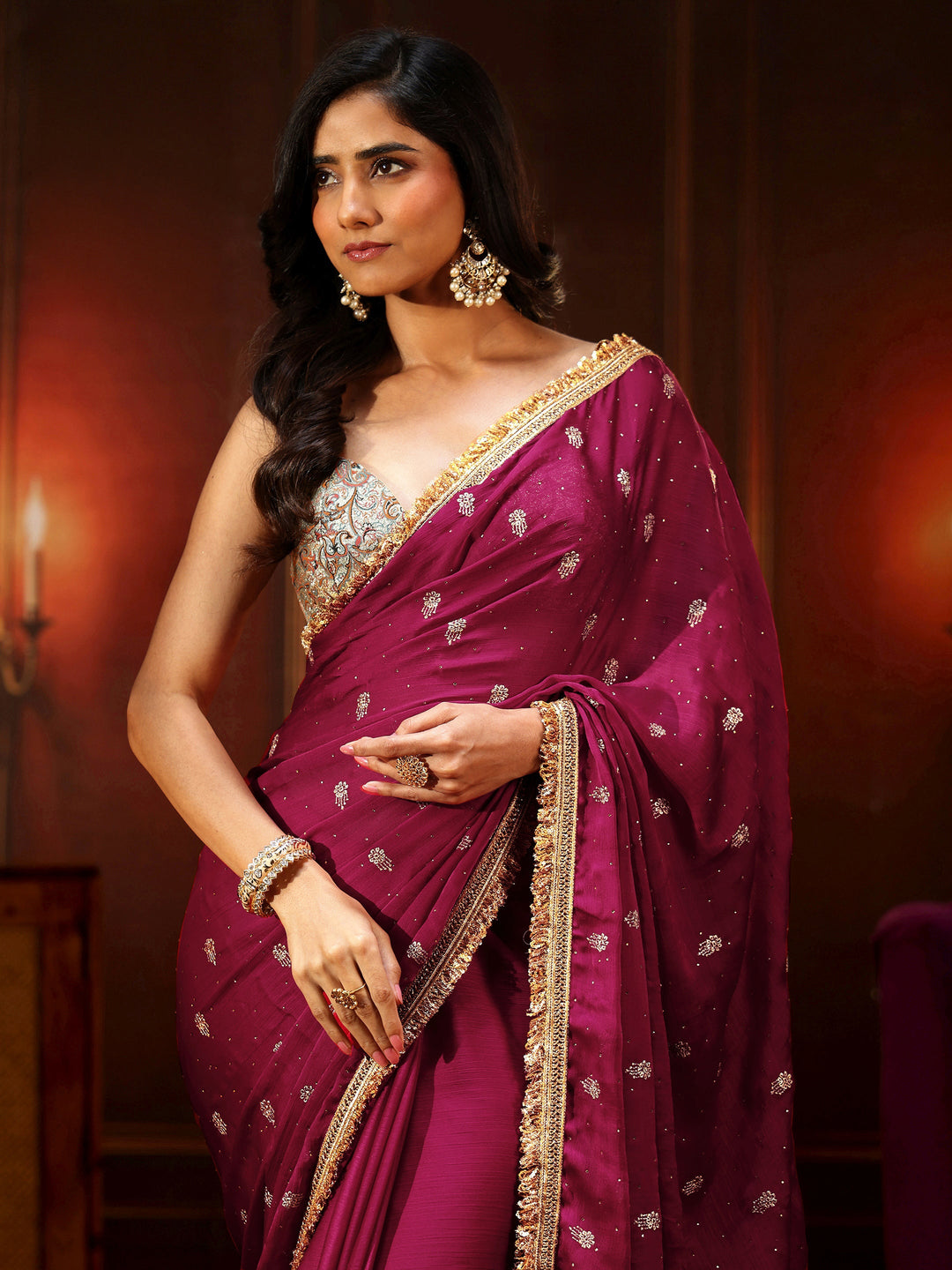  Libas Magenta Pink Embellished Chinon Saree with Gota Border 