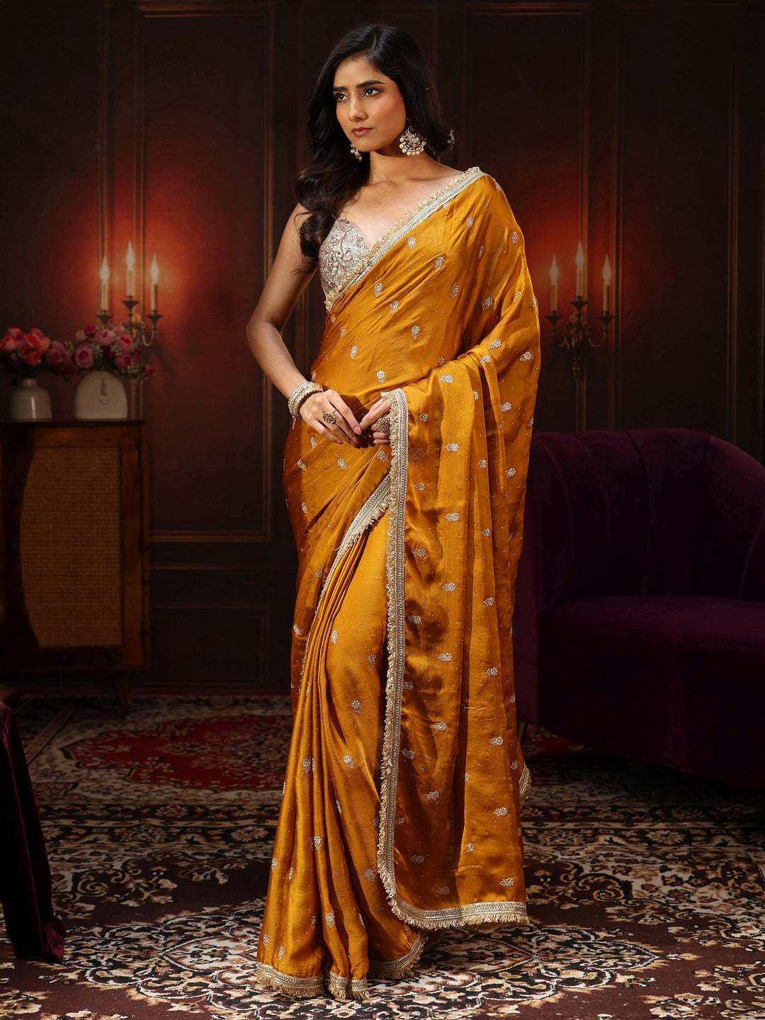  Libas Mustard Embellished Chinon Saree with Gota Border 
