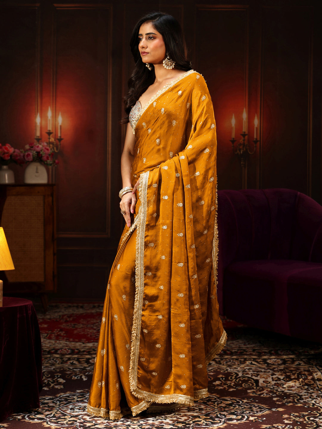  Libas Mustard Embellished Chinon Saree with Gota Border 