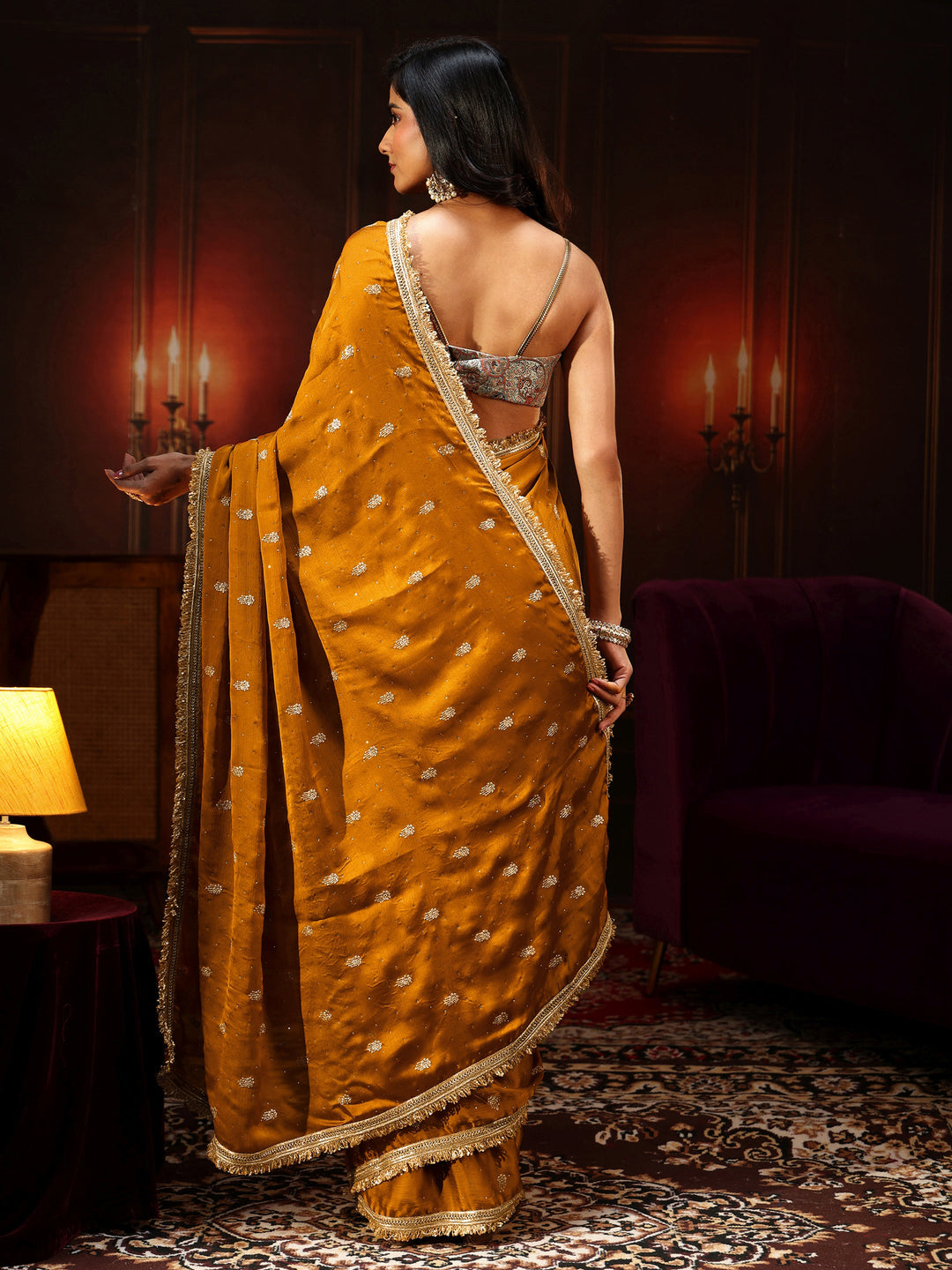  Libas Mustard Embellished Chinon Saree with Gota Border 