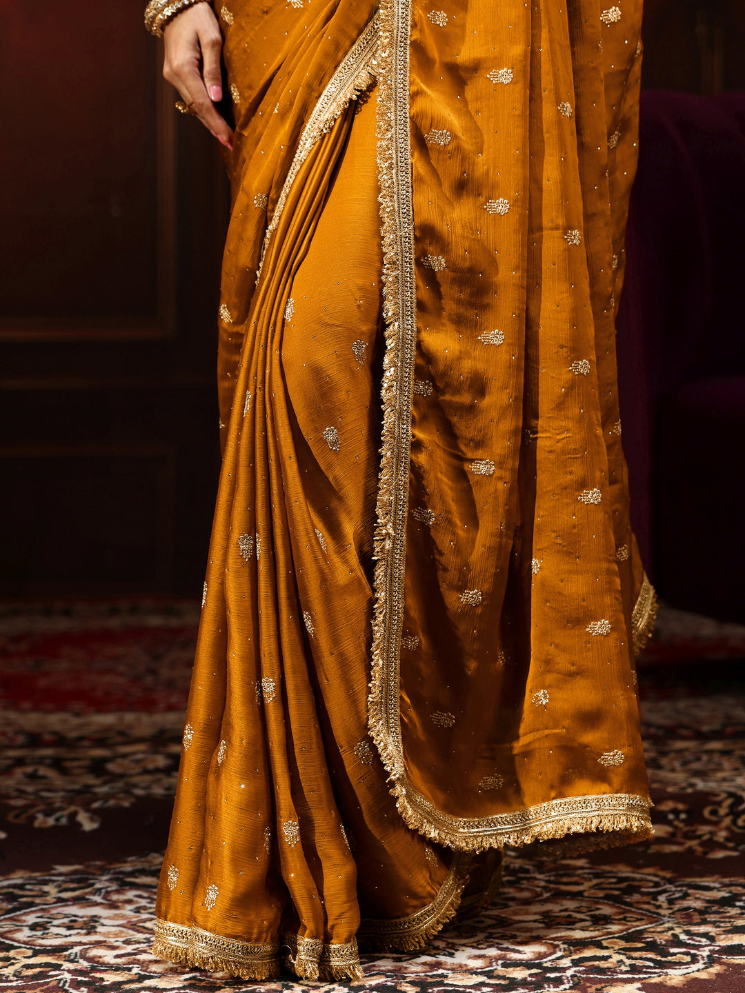  Libas Mustard Embellished Chinon Saree with Gota Border 