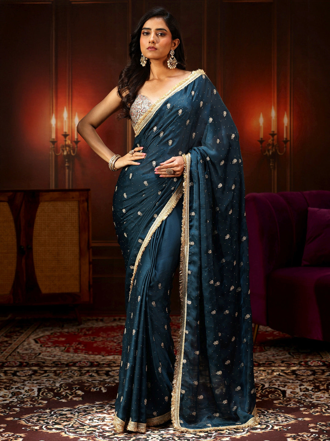  Libas Midnight Blue Embellished Chinon Saree with Gota Border 