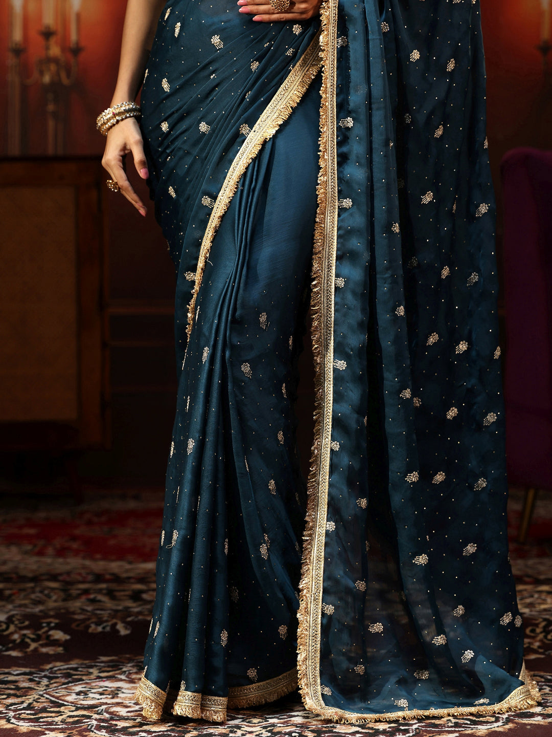  Libas Midnight Blue Embellished Chinon Saree with Gota Border 