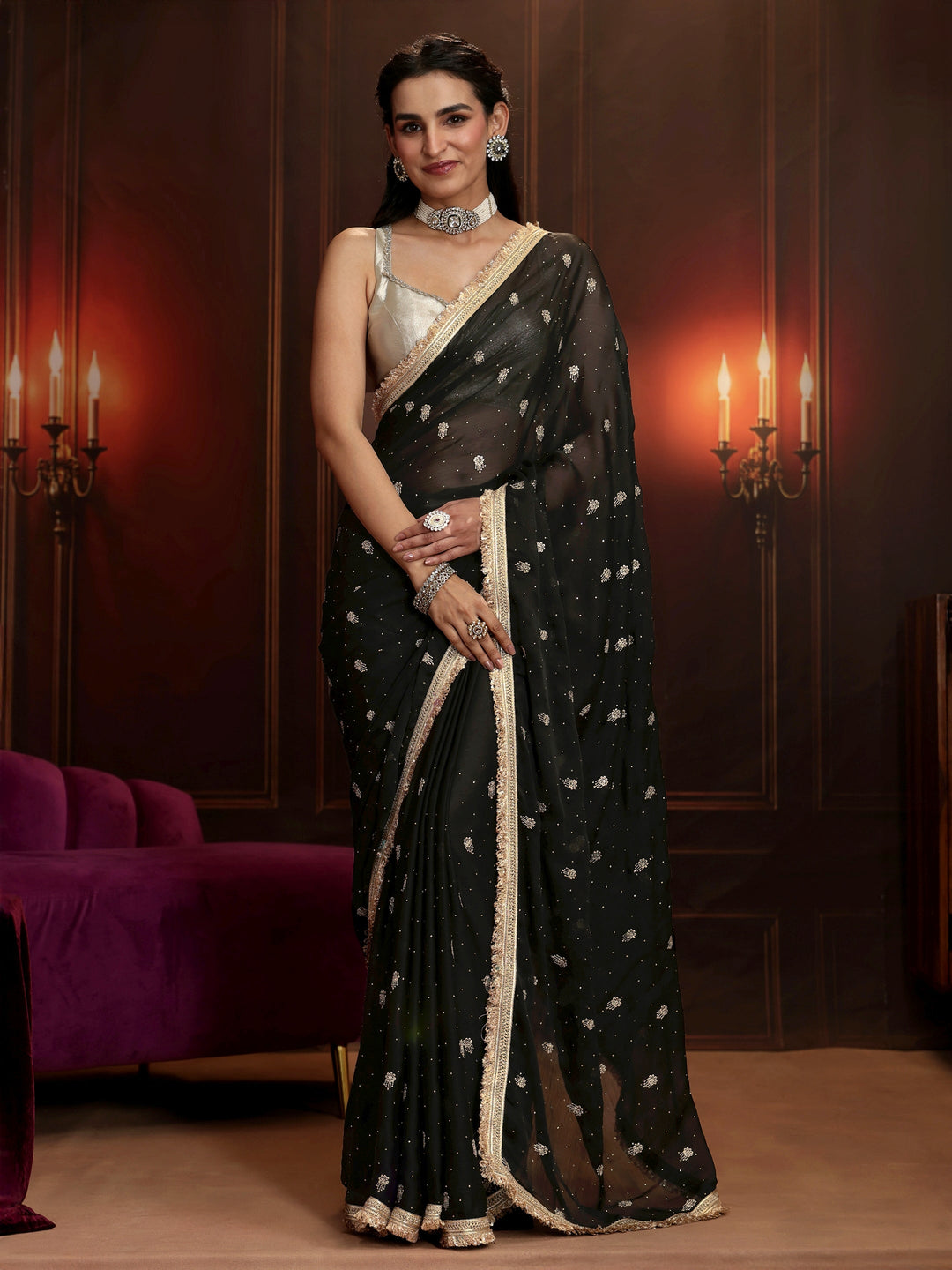  Libas Black Embellished Satin Saree 