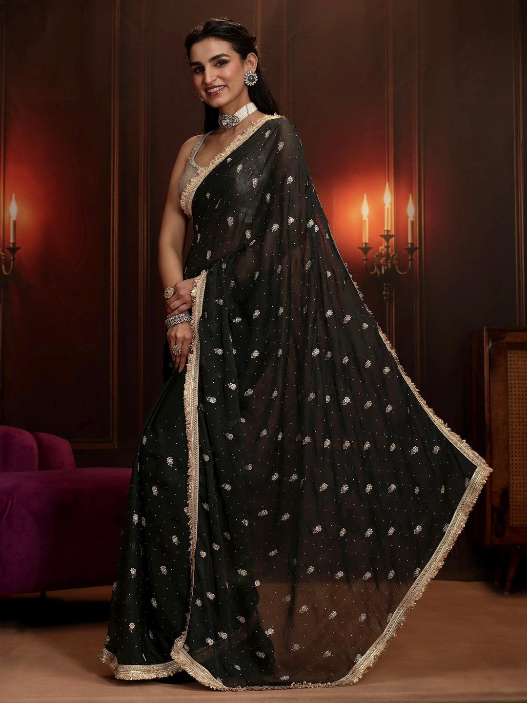  Libas Black Embellished Satin Saree 