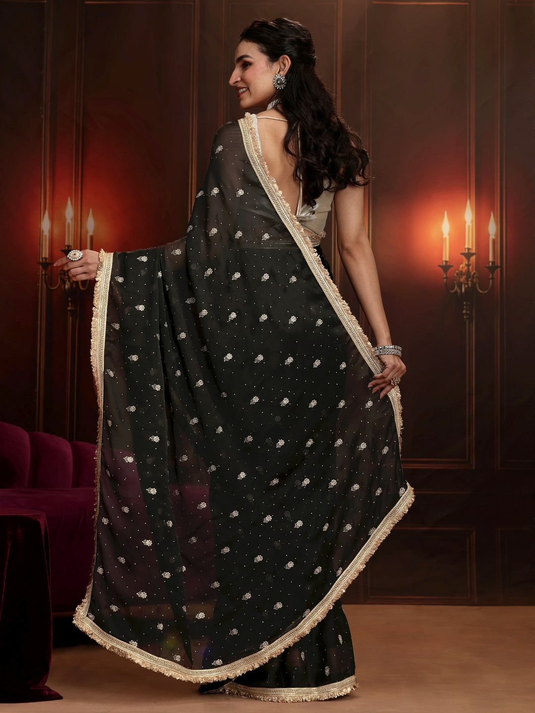  Libas Black Embellished Satin Saree 