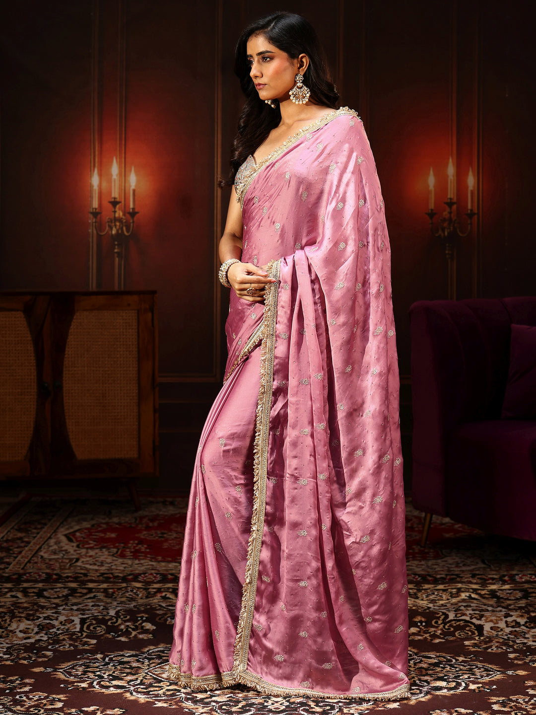  Libas Bubblegum Pink Embellished Chinon Saree with Gota Border 