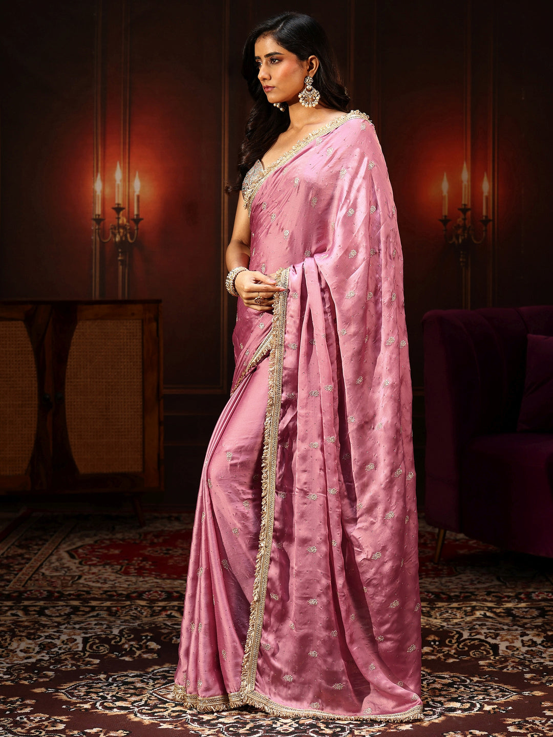  Libas Bubblegum Pink Embellished Chinon Saree with Gota Border 