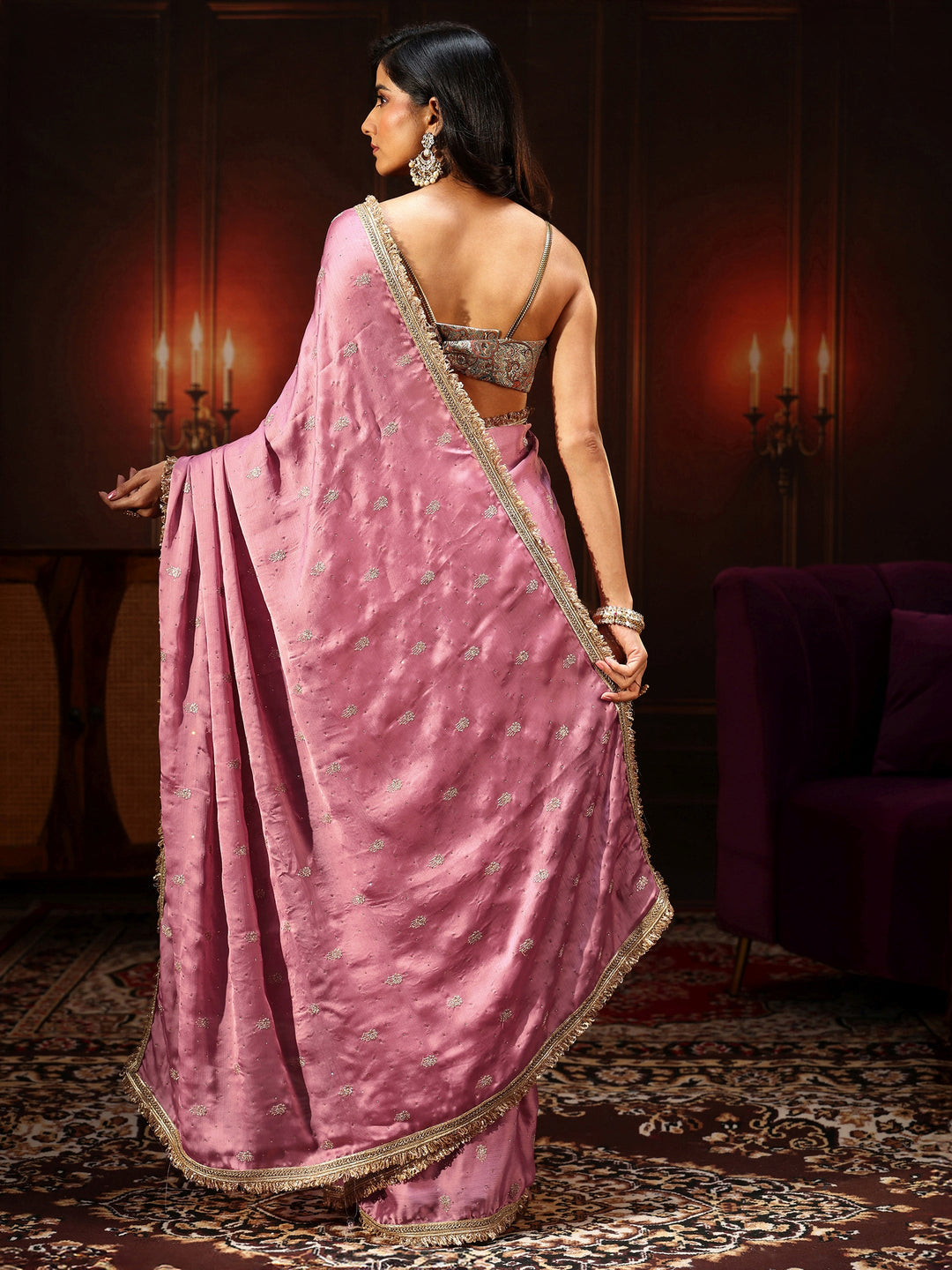  Libas Bubblegum Pink Embellished Chinon Saree with Gota Border 