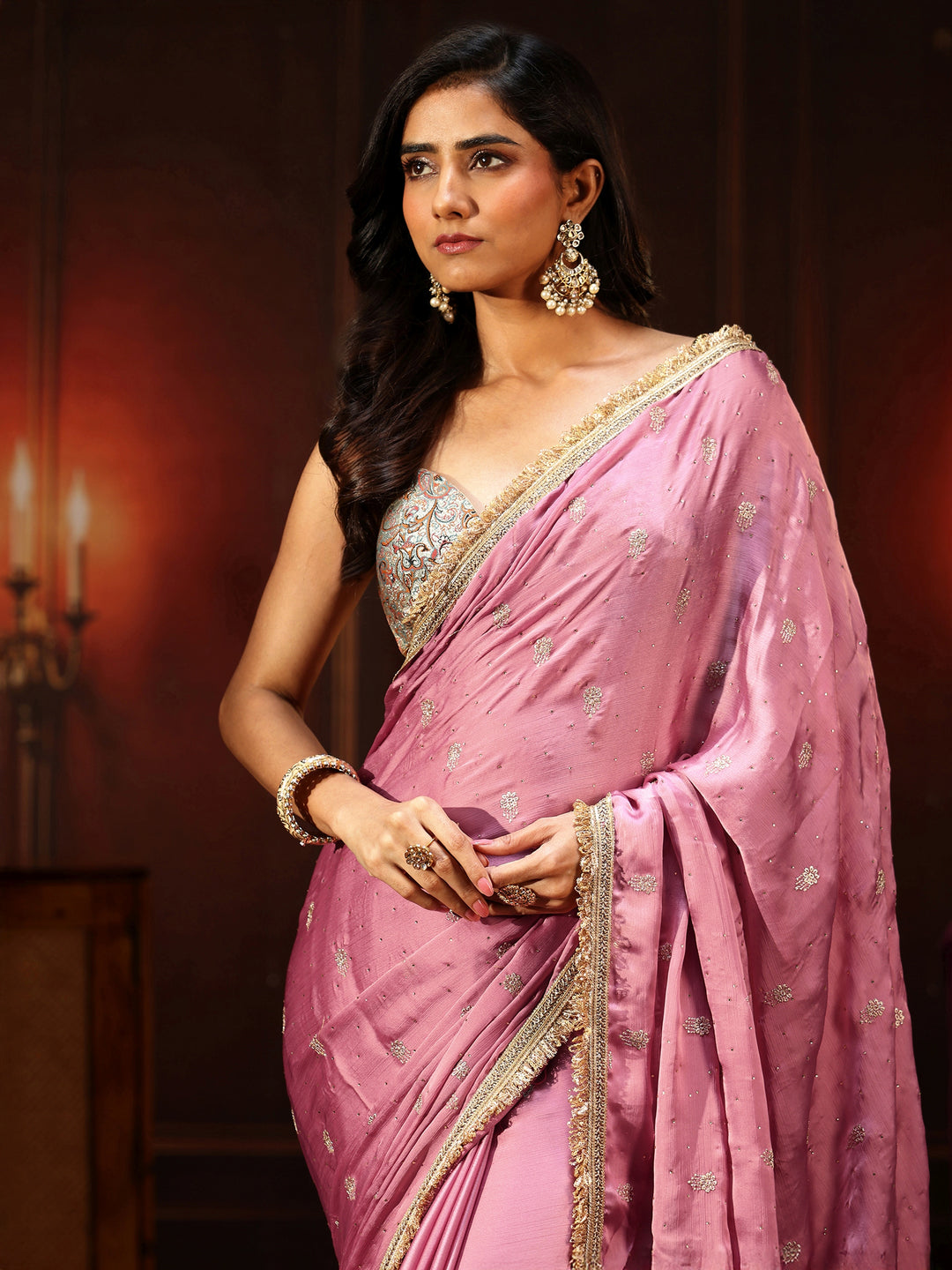  Libas Bubblegum Pink Embellished Chinon Saree with Gota Border 