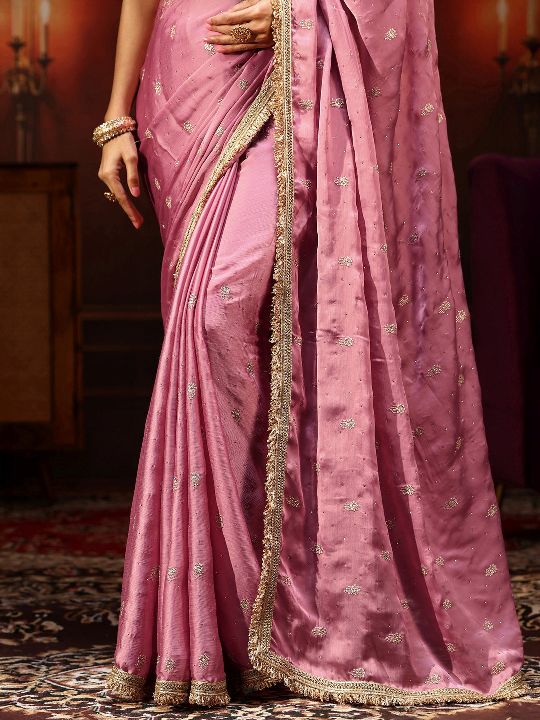  Libas Bubblegum Pink Embellished Chinon Saree with Gota Border 