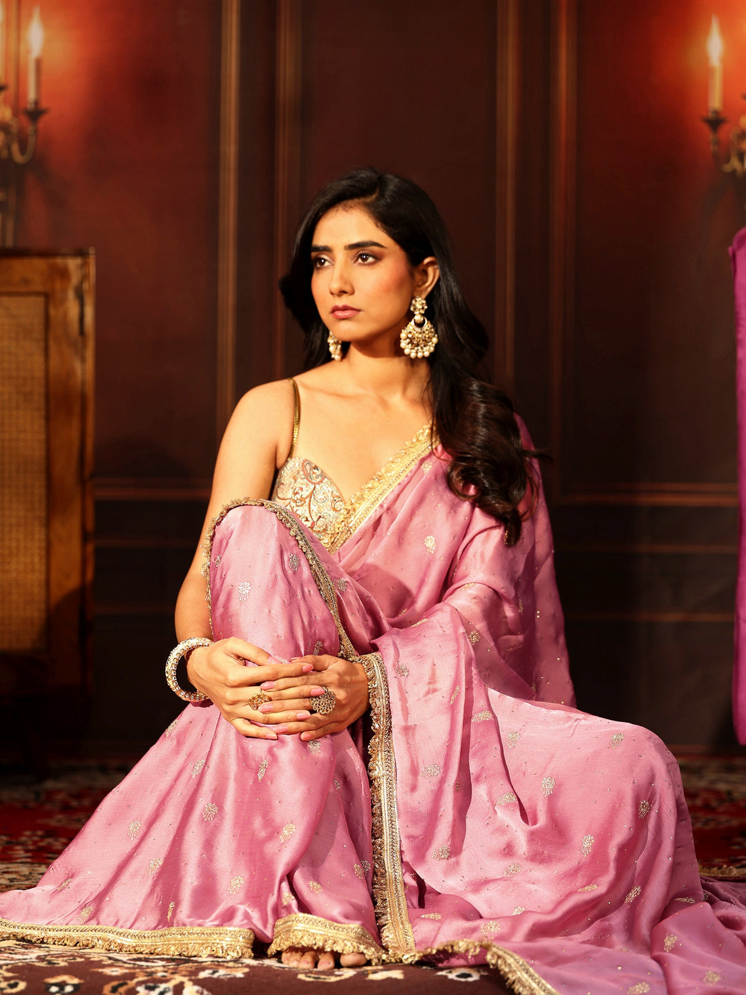  Libas Bubblegum Pink Embellished Chinon Saree with Gota Border 