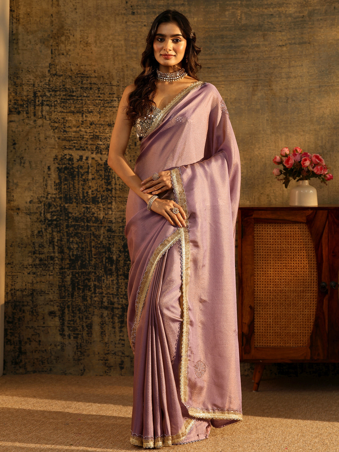  Libas Lavender Embellished Tissue Saree with Gota Border 