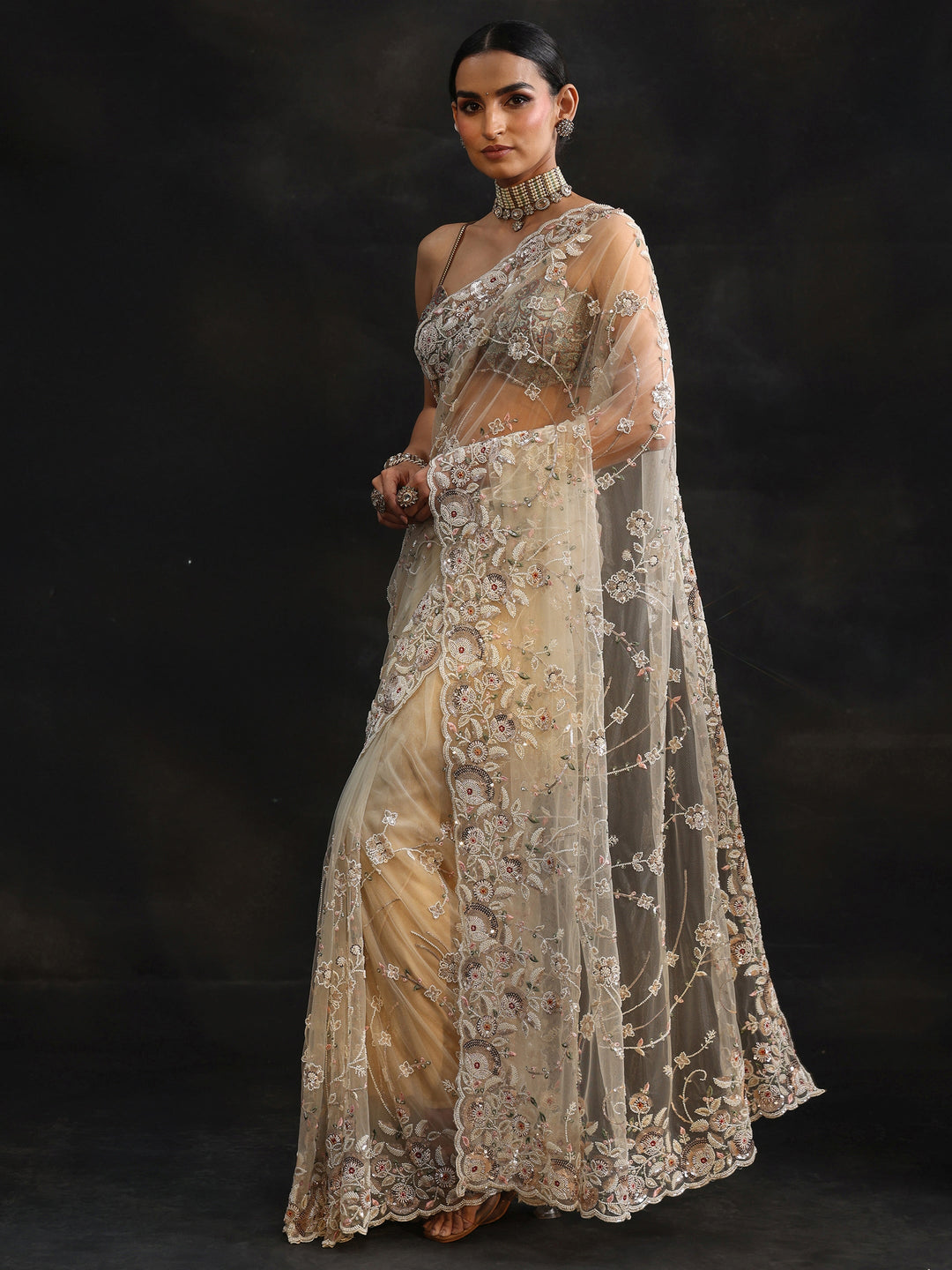  Libas Art Cream Bead and Sequin Embellished Floral Net Saree 