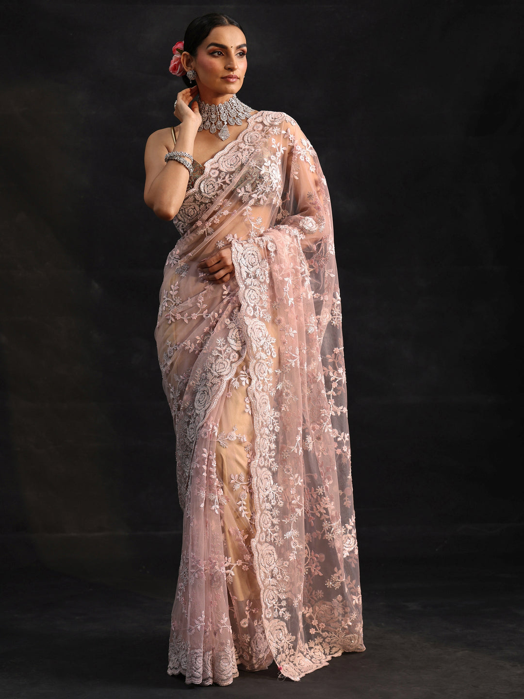 Libas Art Baby Pink Sequin Embellished Floral Net Saree 