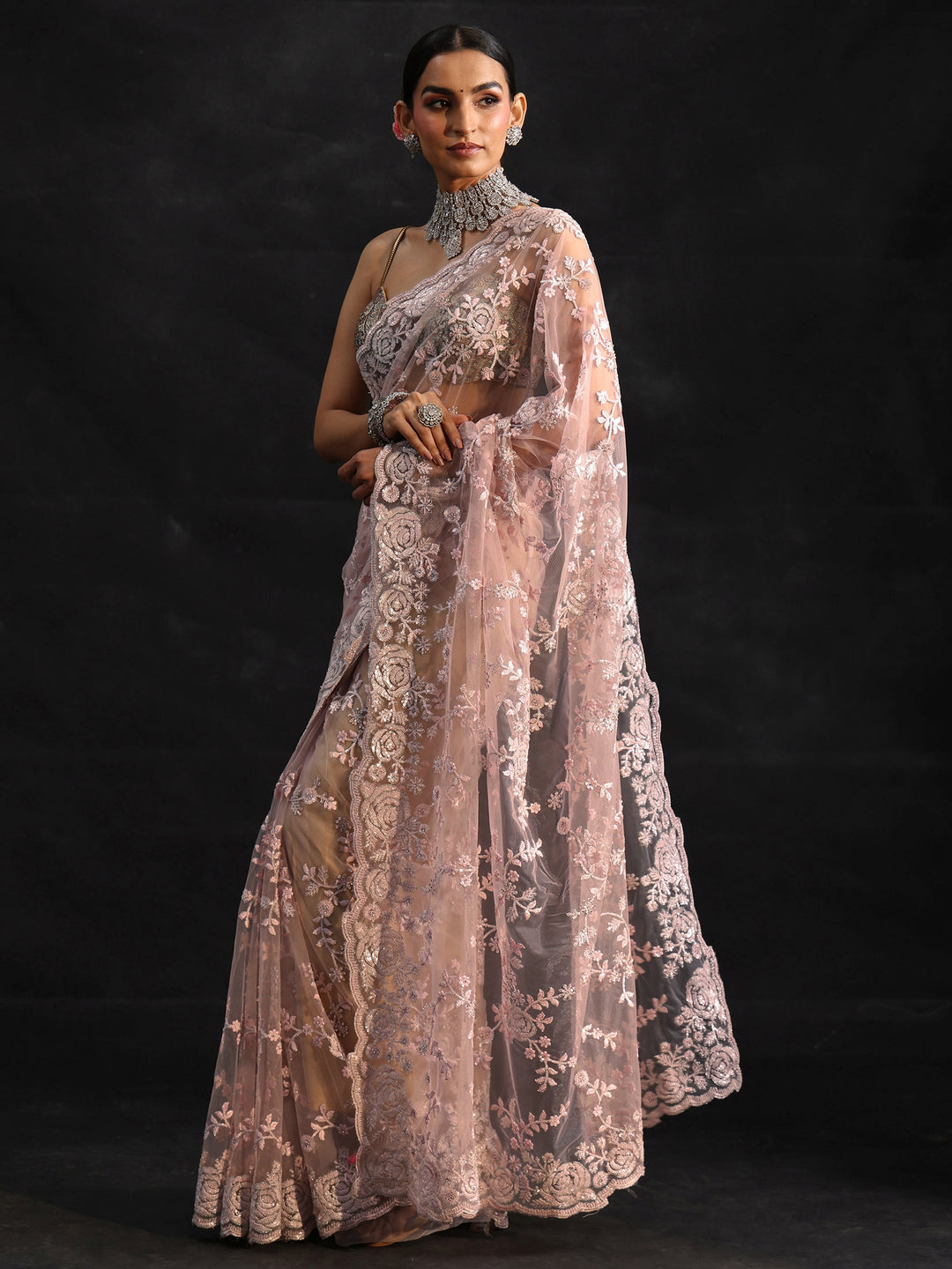  Libas Art Baby Pink Sequin Embellished Floral Net Saree 