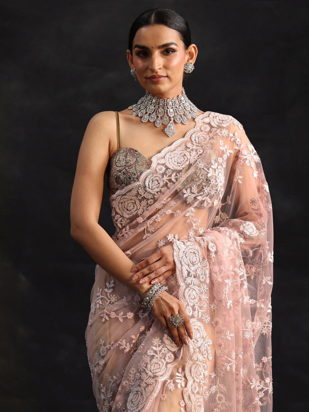  Libas Art Baby Pink Sequin Embellished Floral Net Saree 