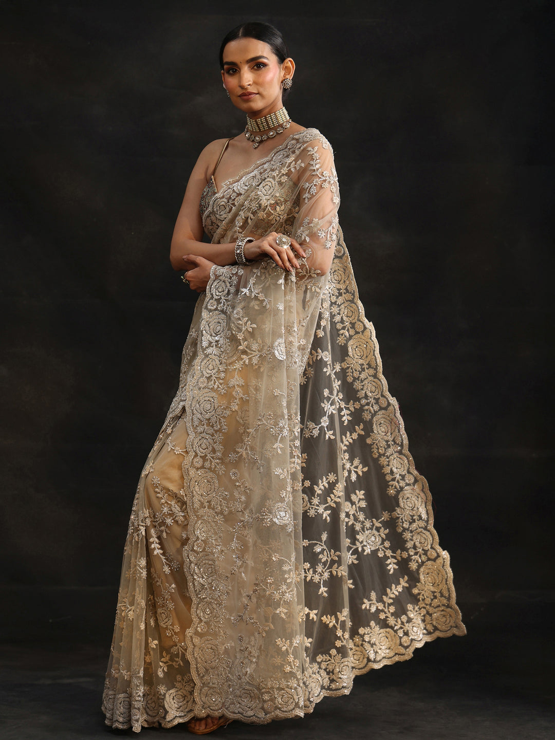  Libas Art Taupe Grey Sequin Embellished Floral Net Saree 