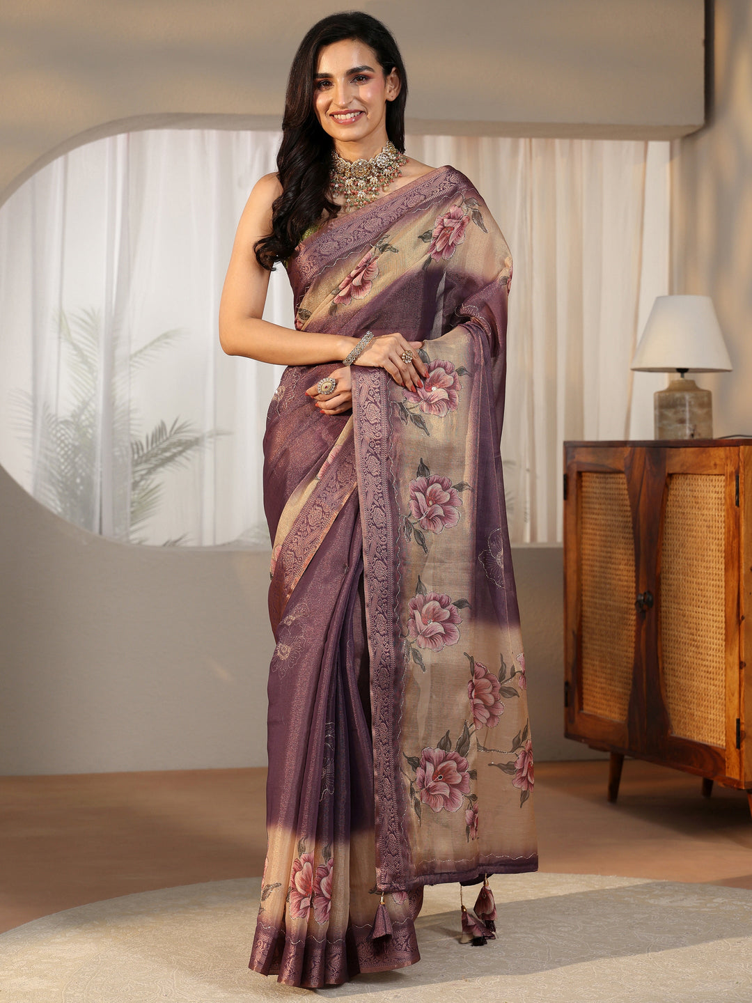  Libas Purple Floral Printed Silk Blend Ombre Saree with Woven Border 