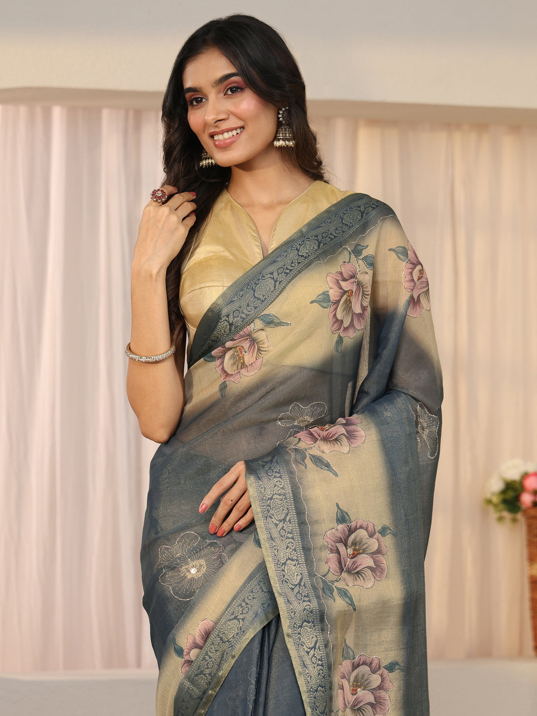  Libas Dusty Blue Floral Printed Silk Blend Ombre Saree with Woven Border 