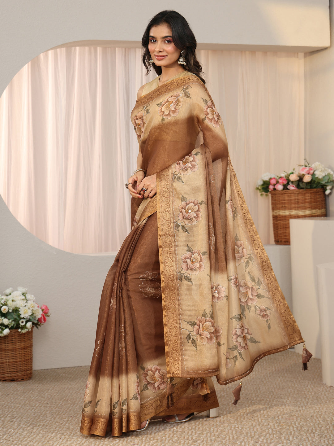  Libas Brown Floral Printed Silk Blend Ombre Saree with Woven Border 