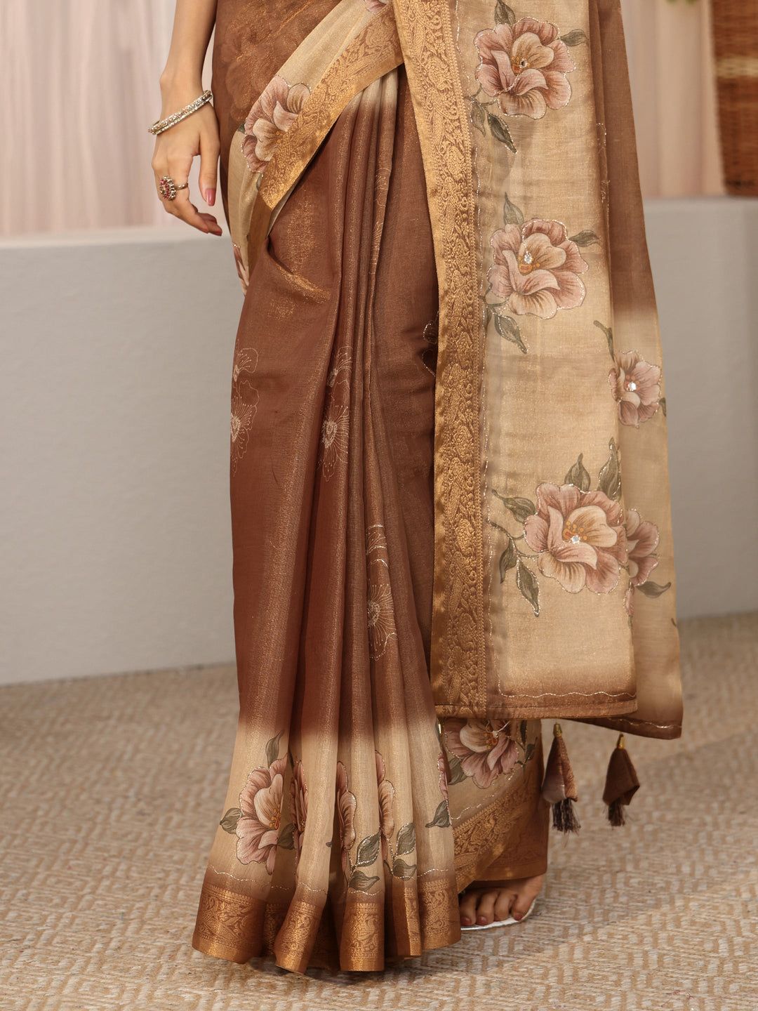  Libas Brown Floral Printed Silk Blend Ombre Saree with Woven Border 