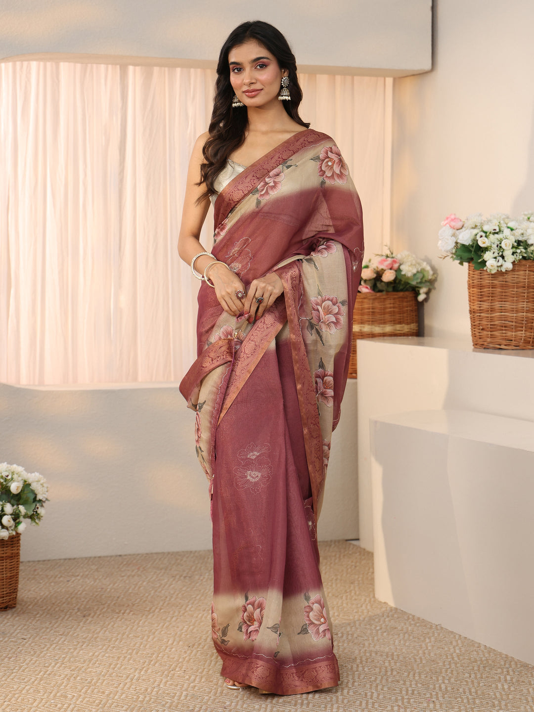  Libas Mauve Floral Printed Silk Blend Ombre Saree with Woven Border 