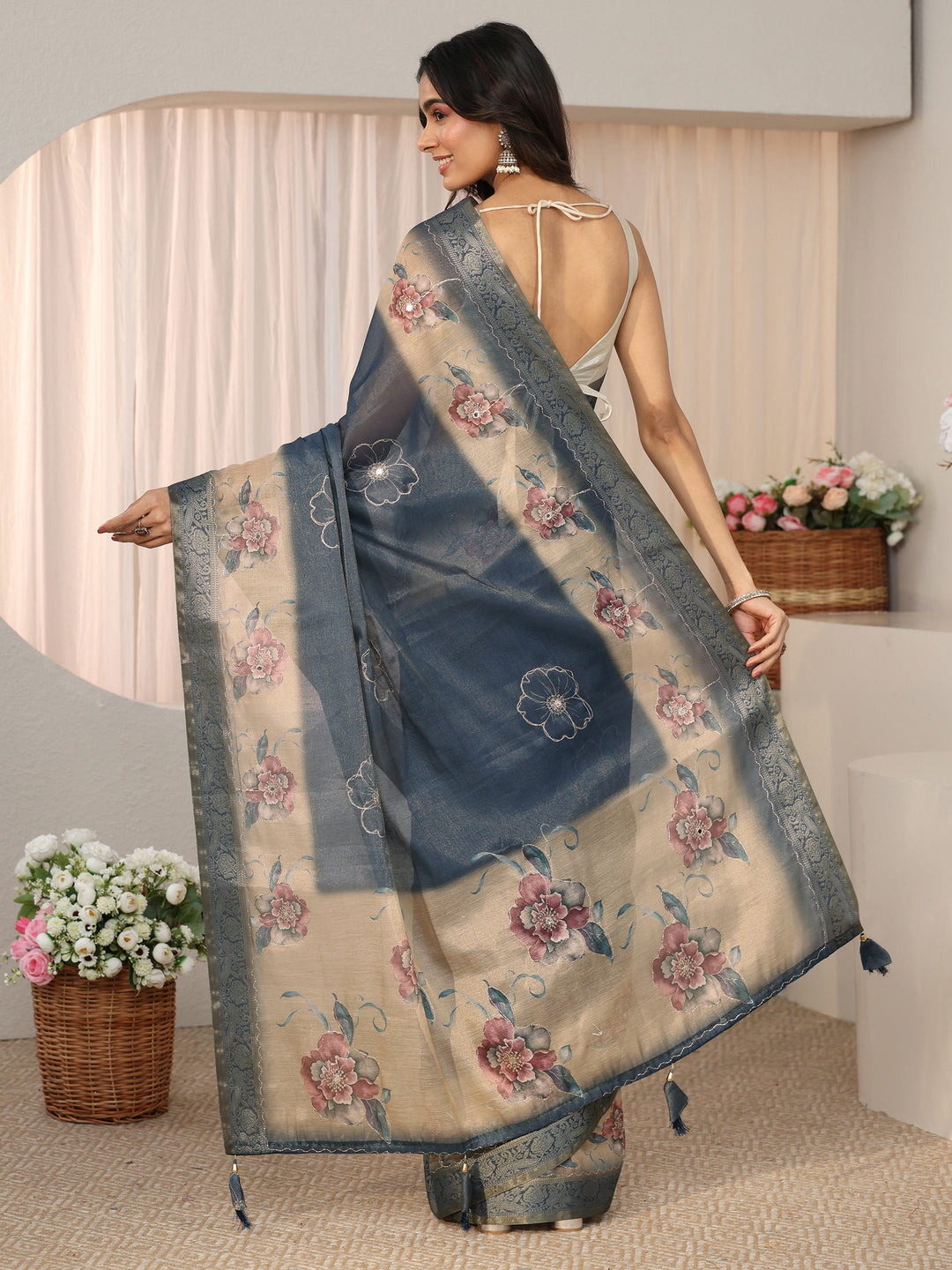  Libas Dusty Blue Floral Printed Silk Blend Ombre Saree with Woven Border 