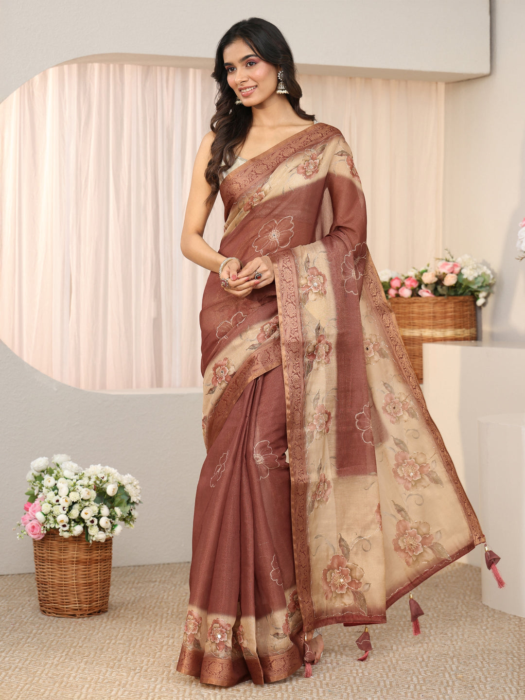  Libas Brown Floral Printed Ombre Silk Blend Saree 