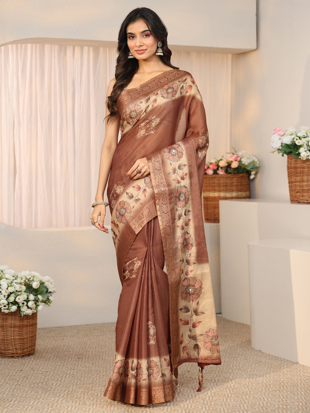  Libas Brown Floral Printed Ombre Silk Blend Saree 