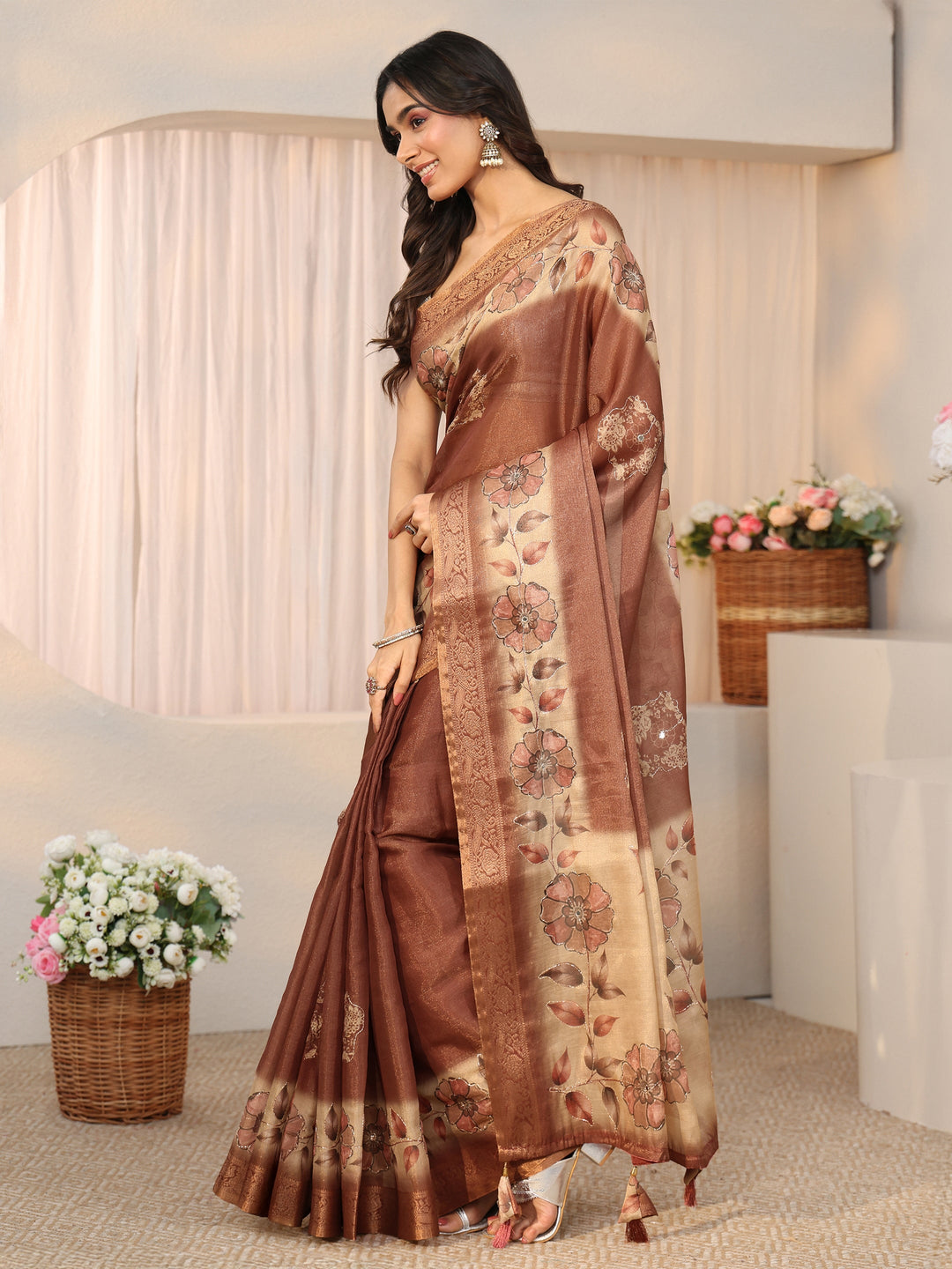  Libas Brown Floral Printed Ombre Silk Blend Saree 
