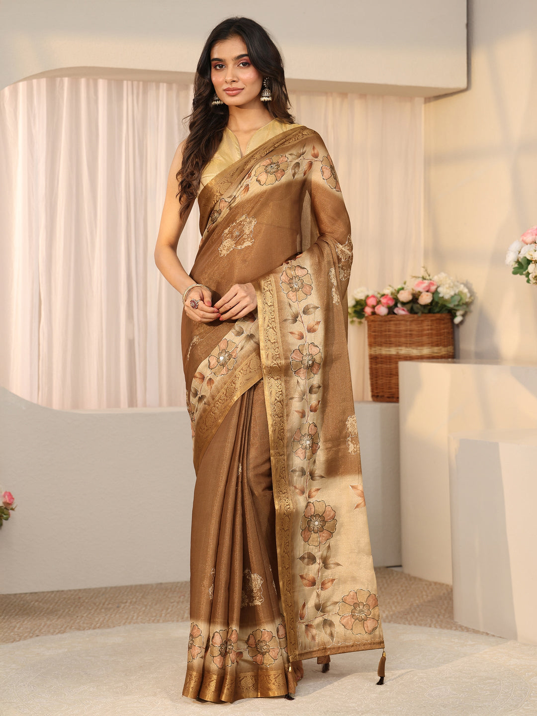  Libas Brown Floral Printed Silk Blend Ombre Saree with Woven Border 