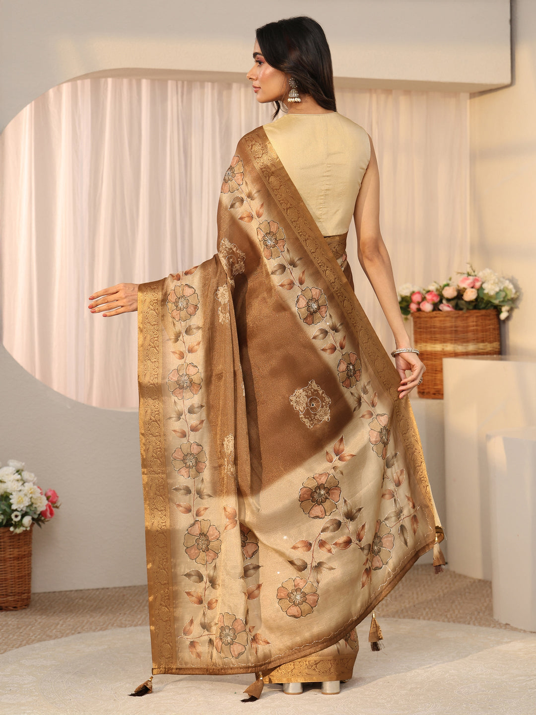  Libas Brown Floral Printed Silk Blend Ombre Saree with Woven Border 
