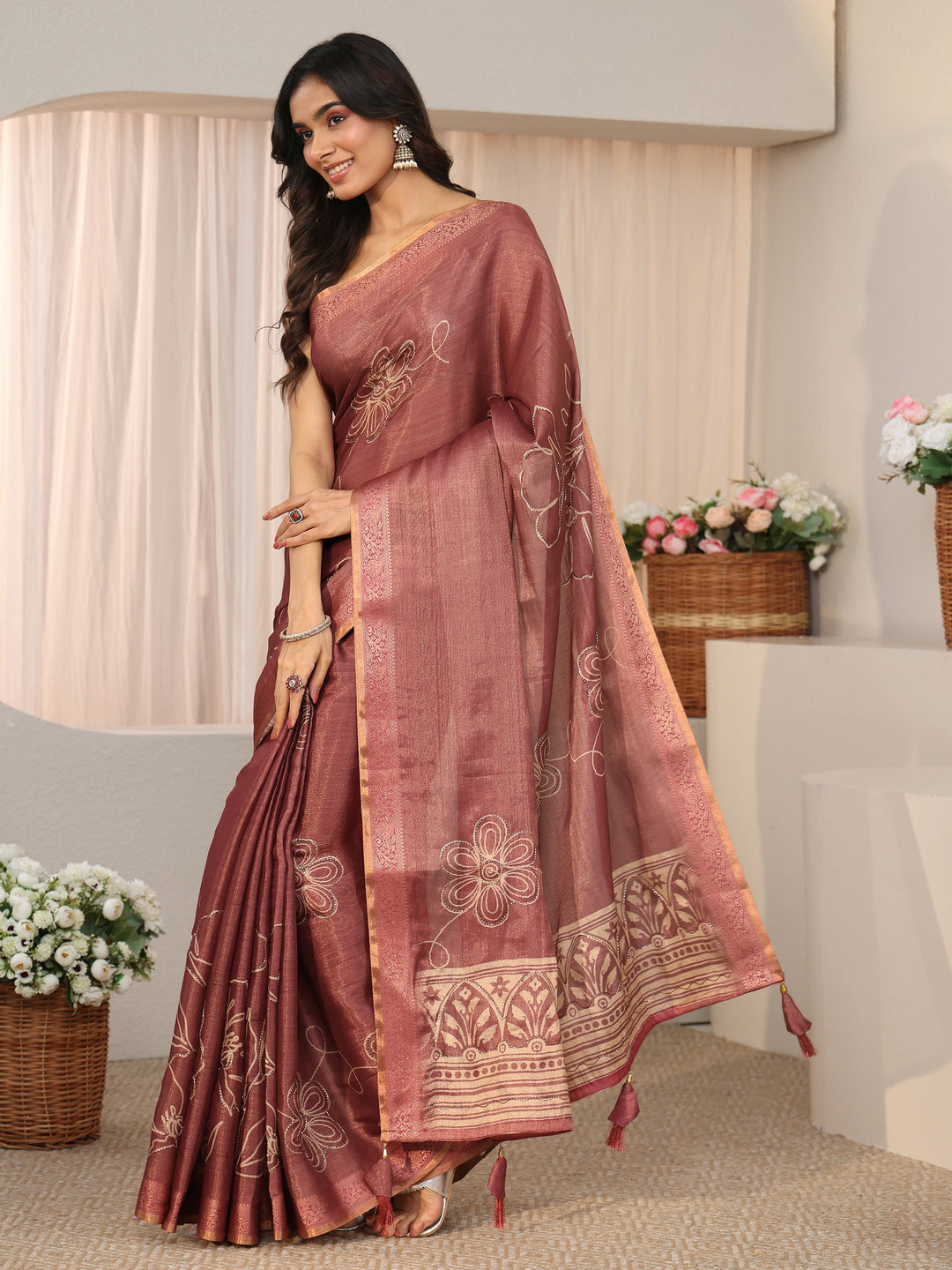  Libas Mauve Floral Printed Silk Blend Saree with Woven Border 