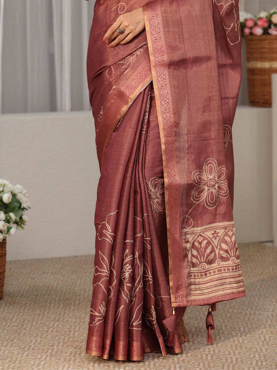  Libas Mauve Floral Printed Silk Blend Saree with Woven Border 