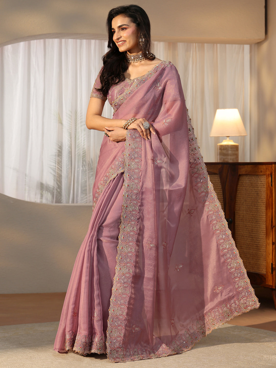  Libas Mauve Leafy Embroidered Tissue Saree 