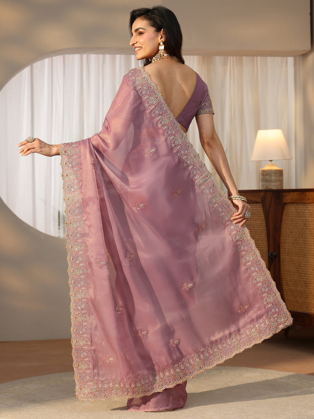  Libas Mauve Leafy Embroidered Tissue Saree 