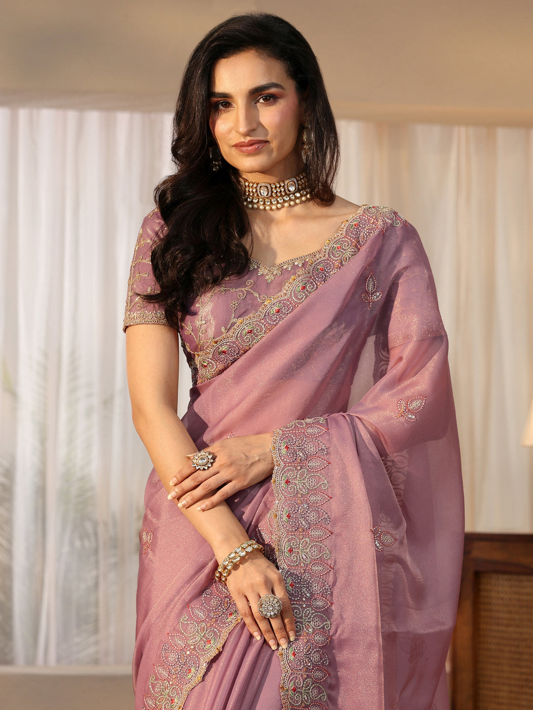  Libas Mauve Leafy Embroidered Tissue Saree 