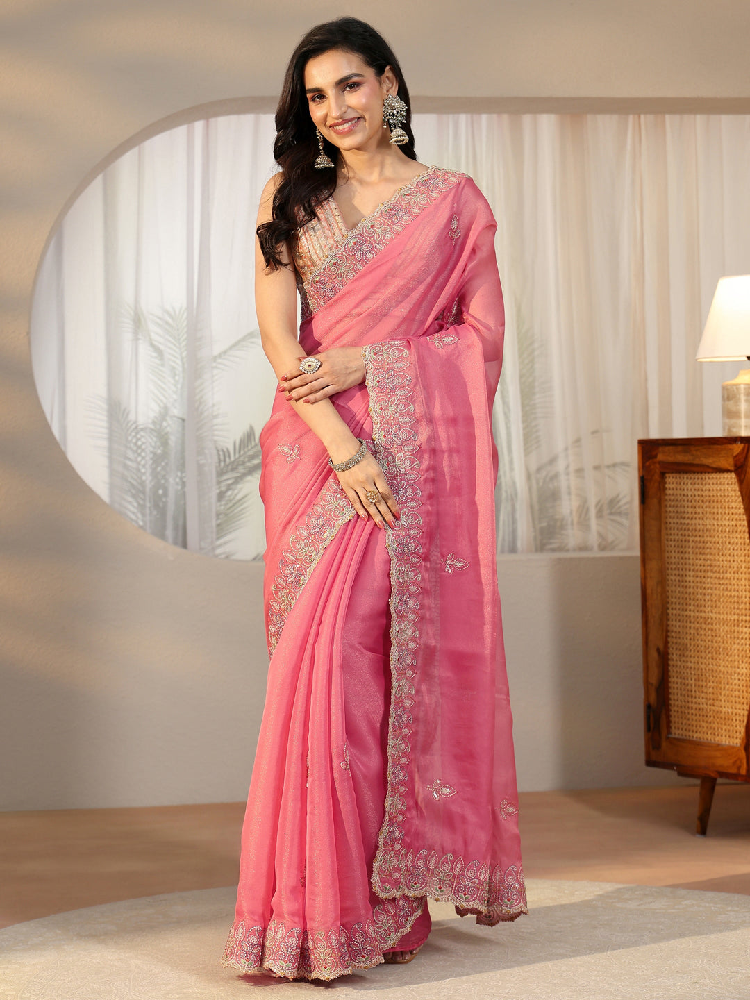  Libas Bubblegum Pink  Leafy Embroidered Tissue Saree 