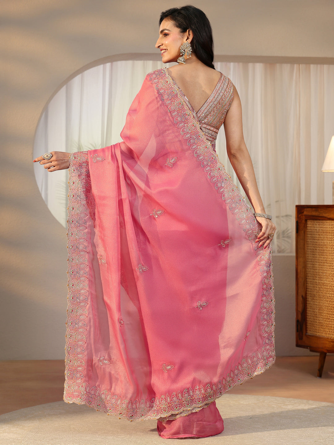  Libas Bubblegum Pink  Leafy Embroidered Tissue Saree 