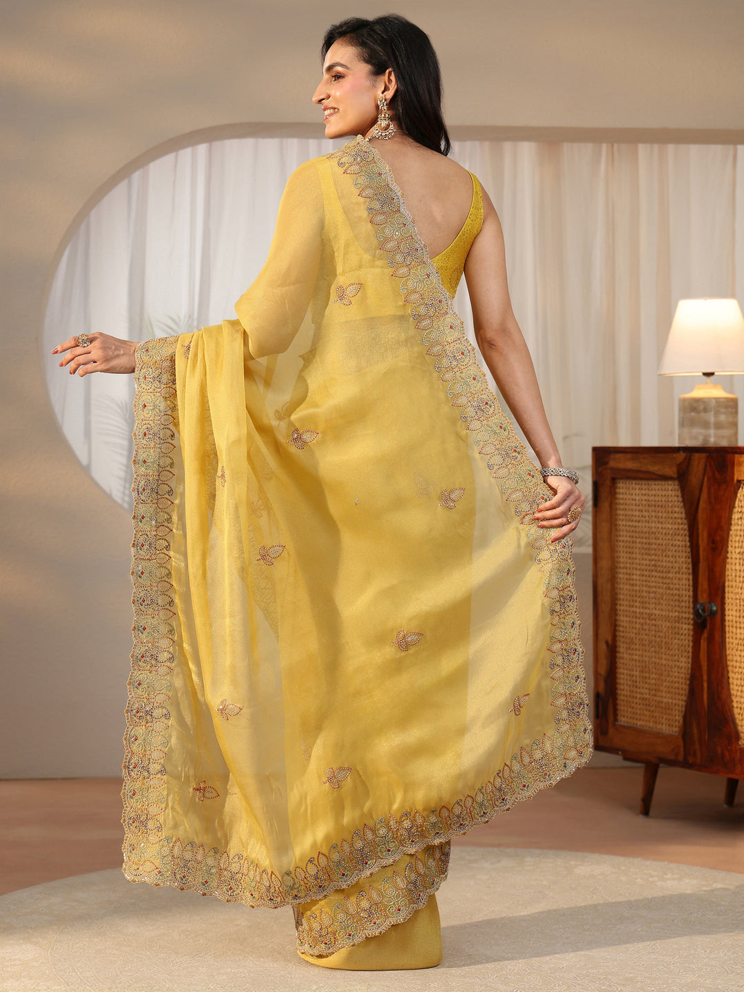  Libas Sunshine Yellow Leafy Embroidered Tissue Saree 