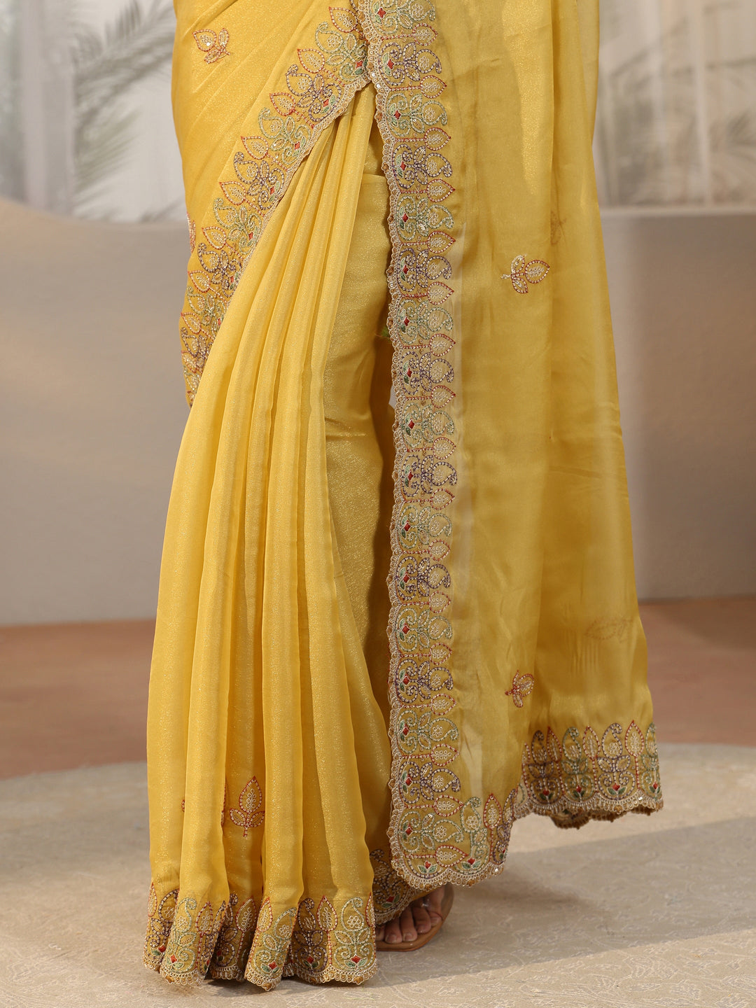  Libas Sunshine Yellow Leafy Embroidered Tissue Saree 