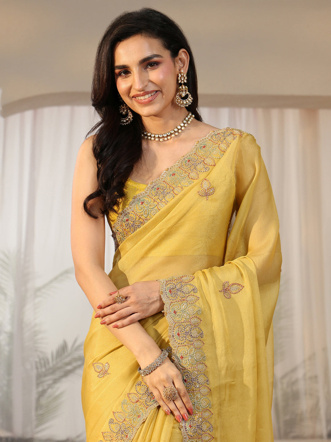  Libas Sunshine Yellow Leafy Embroidered Tissue Saree 