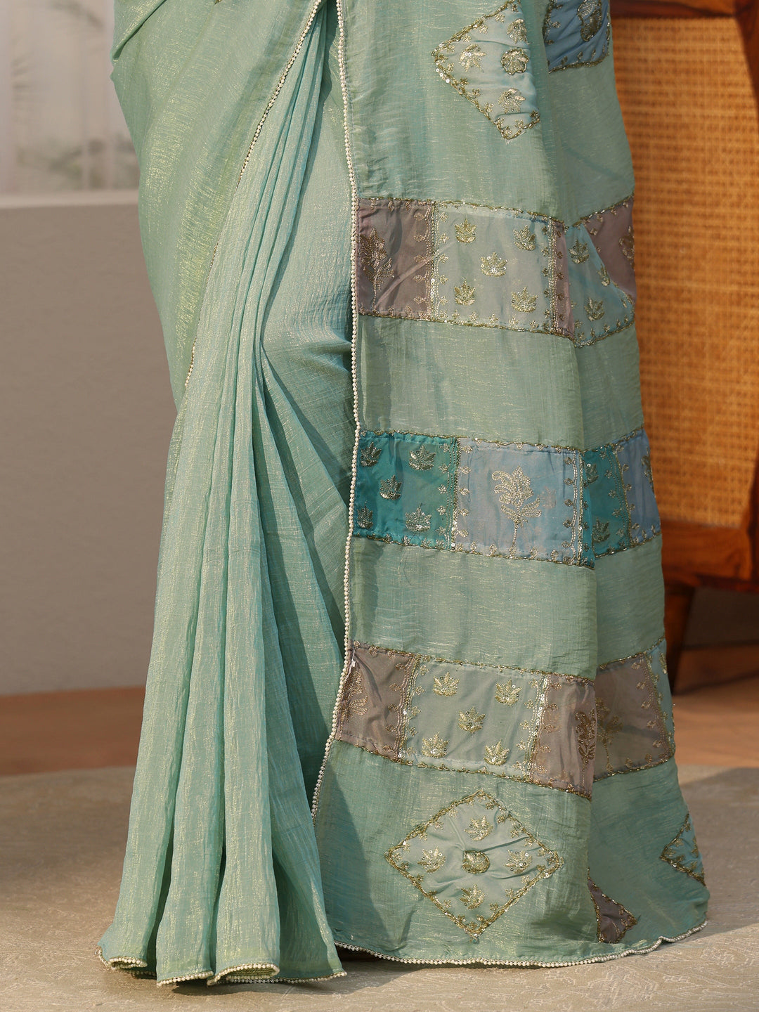  Libas Aqua Blue Applique Design Tissue Saree 