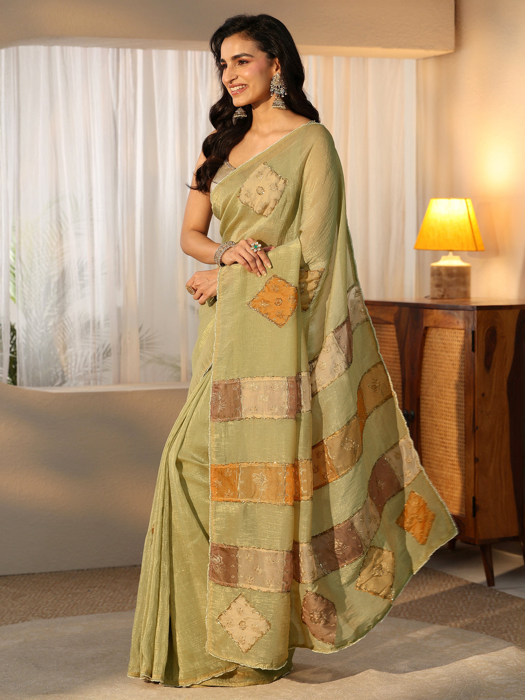 Libas Moss Green Applique Design Tissue Saree 
