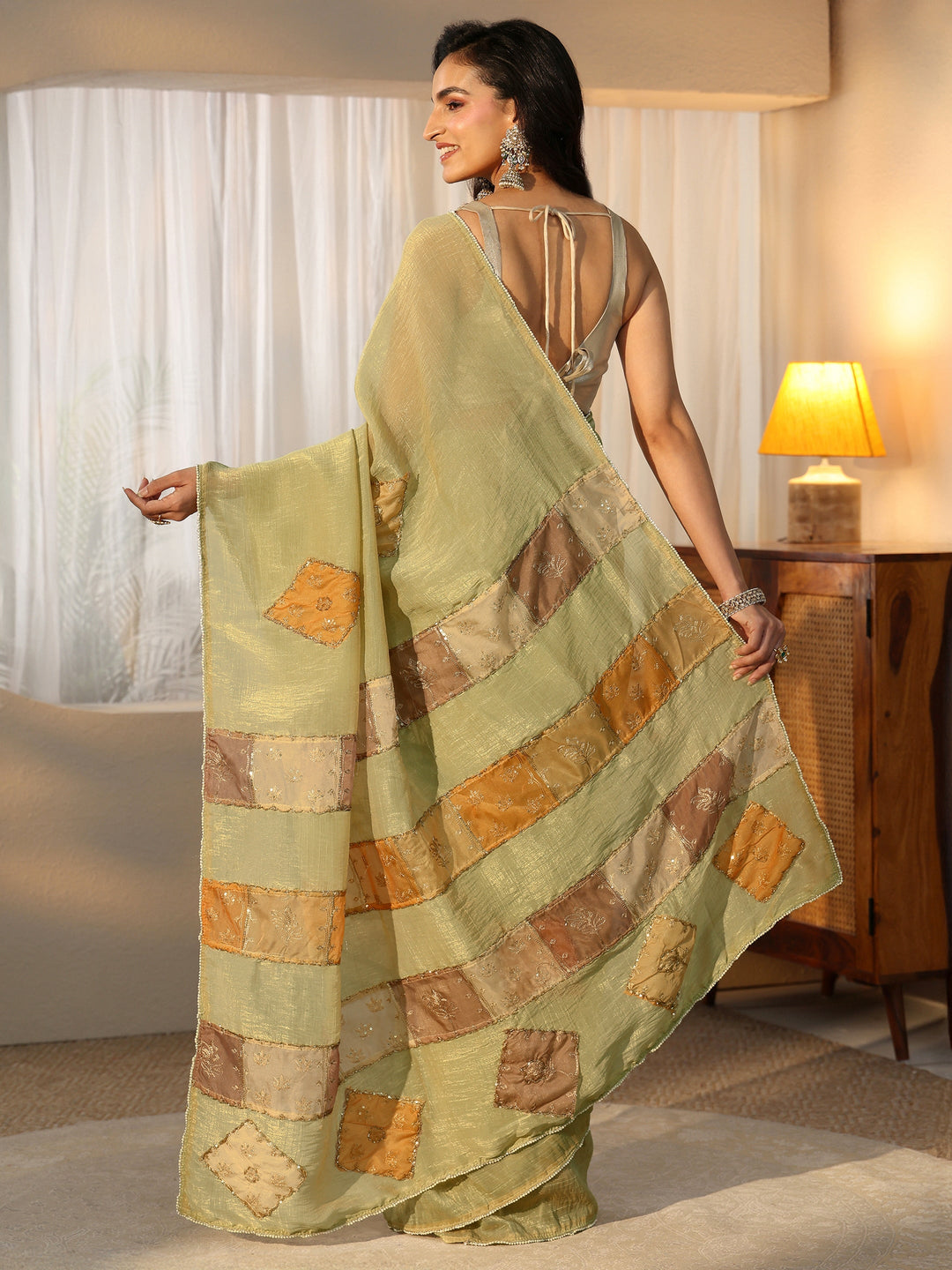  Libas Moss Green Applique Design Tissue Saree 