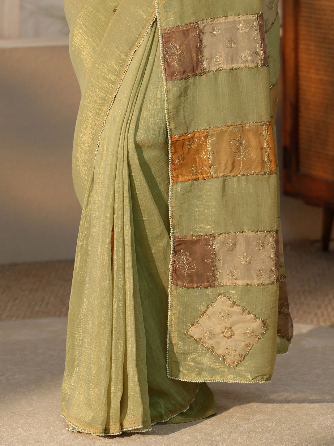  Libas Moss Green Applique Design Tissue Saree 
