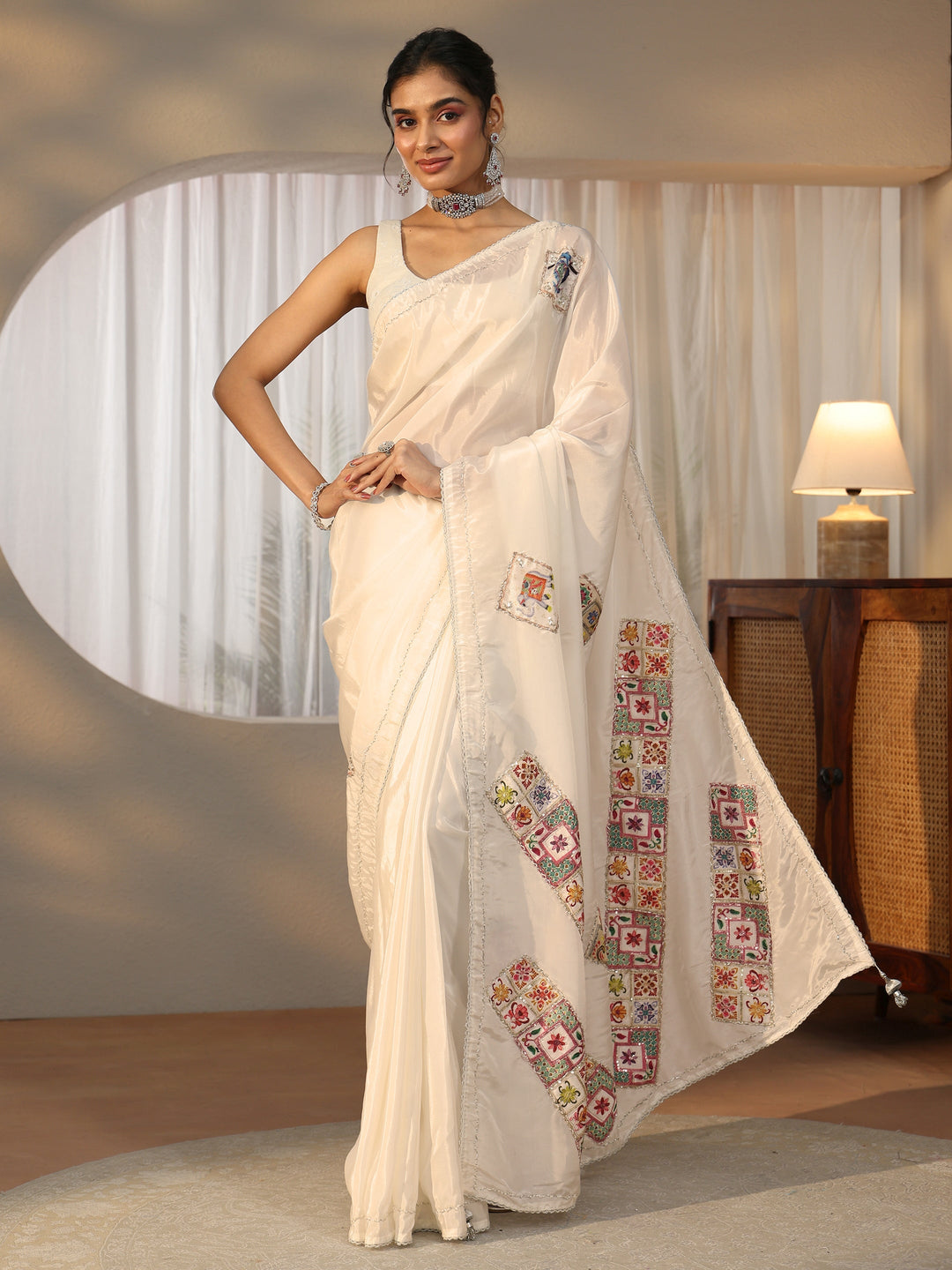  Libas Cream Satin Saree with Applique Design 
